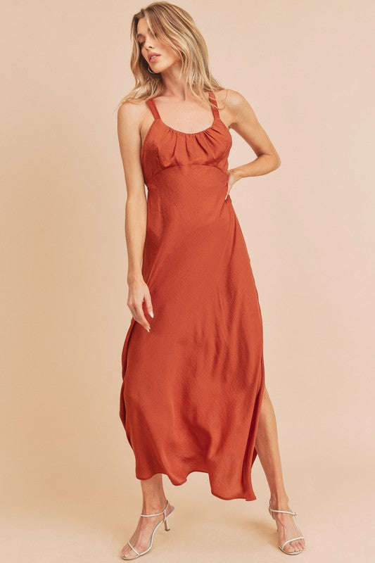 Ruched Side Slit Cutout Back Maxi Cami Dress