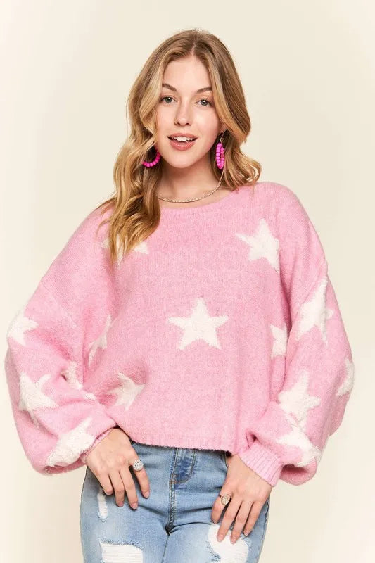 Full Size Star Contrast Round Neck Sweater Plus Size