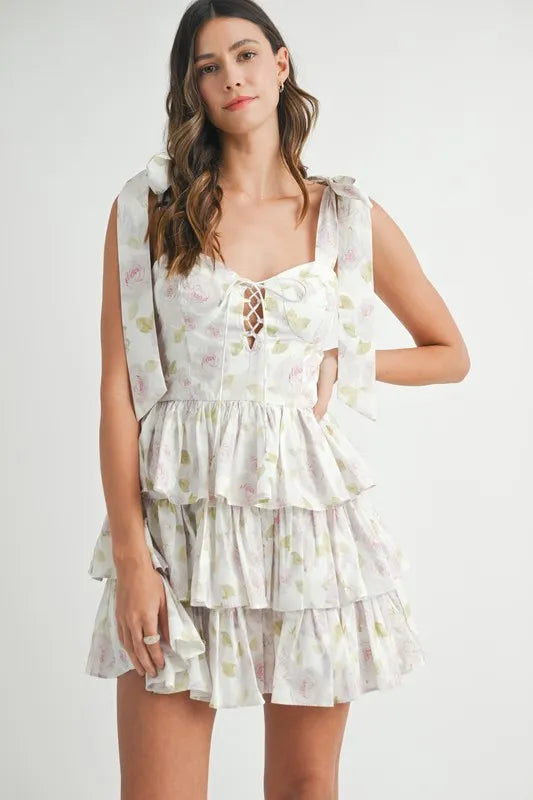 Floral Print Shoulder Tie Layered Mini Dress
