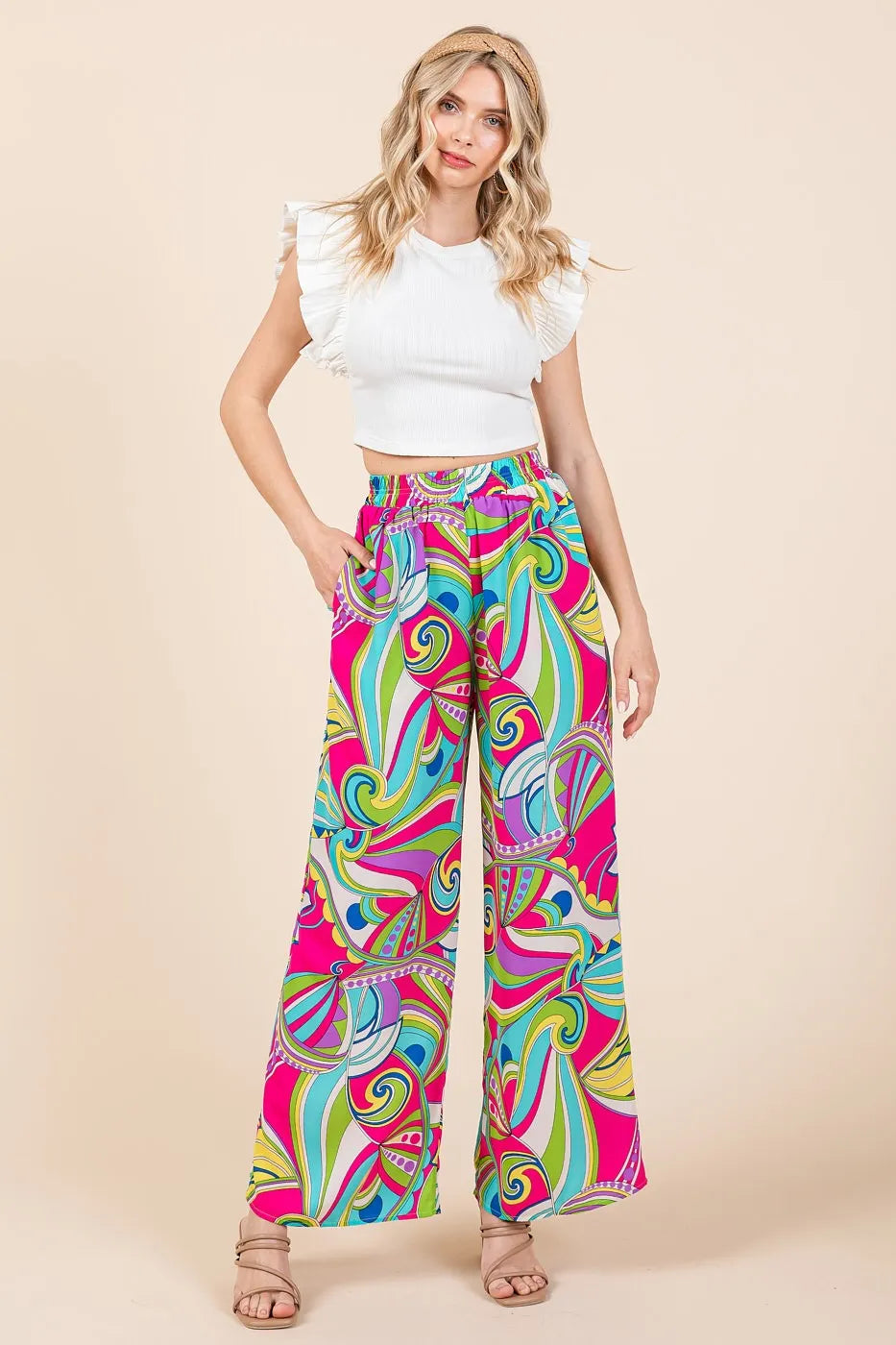 Abstract Print Elastic Waist Wide Leg Pants