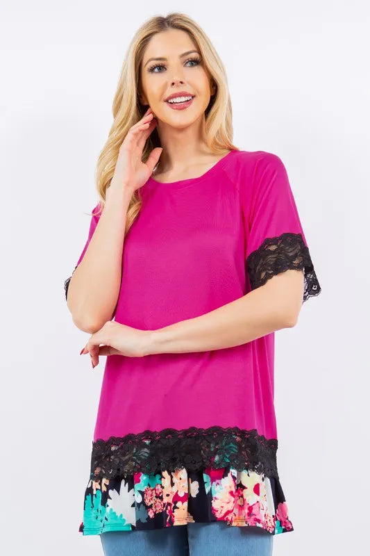 Full Size Lace Trim Short Sleeve Top Plus Size