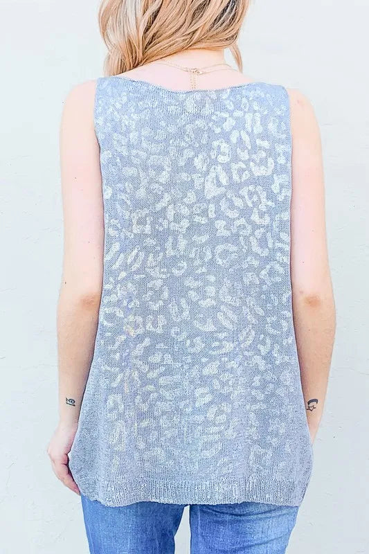 Leopard Foil Print Sleeveless Sweater Top