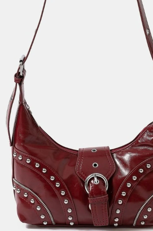 Rich Burgundy Curved Stud Hobo Bag