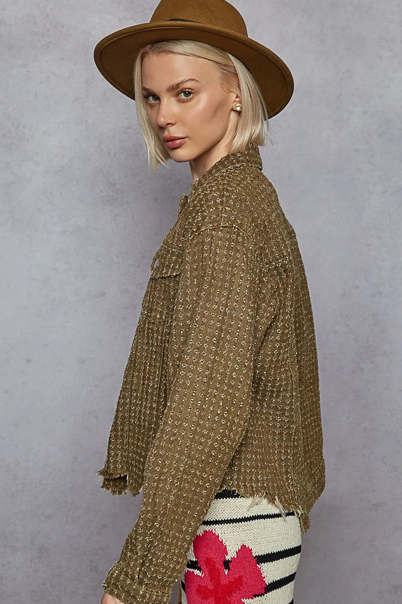 Textured Button Front Jacket with Dual Flap Pockets