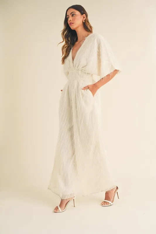 Fluffy Deep V Neck Wide Leg Jumpsuit
