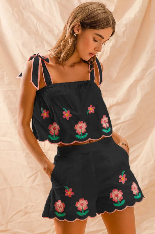 Floral Embroidered Camisole and Mini Skirt Set