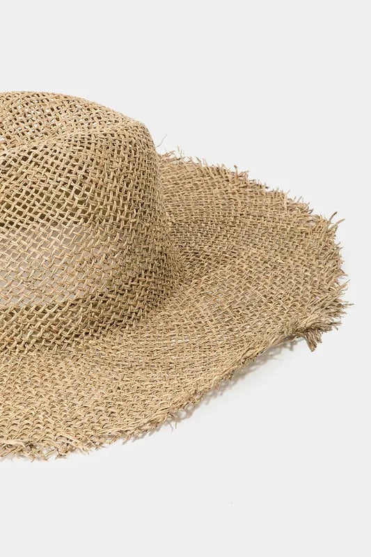 Boho Frayed Straw Sun Hat with Wide Brim