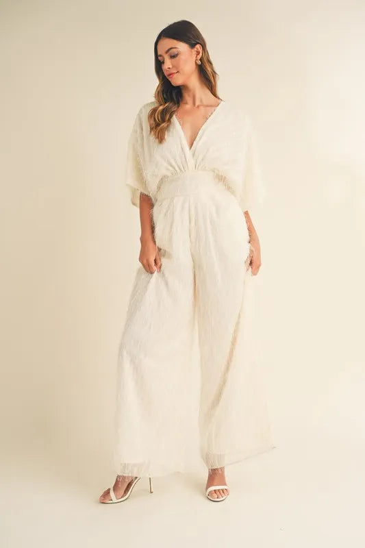 Fluffy Deep V Neck Wide Leg Jumpsuit