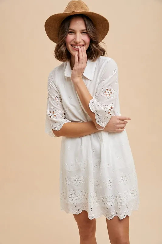 Embroidered Scallop Edge Detail Mini Shirt Dress