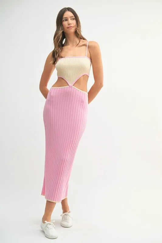 Ribbed Knit Color Block Cutout Midi Dress