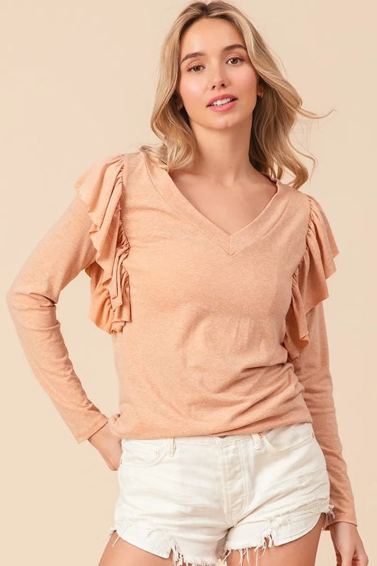 Triblend V Neck Top with Shoulder Shrring Detail