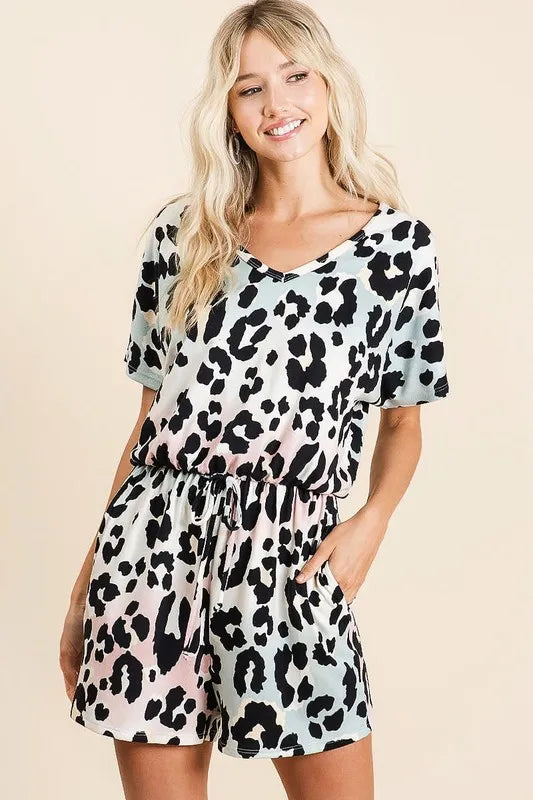 Gradation Leopard Soft Knit V-neck Romper