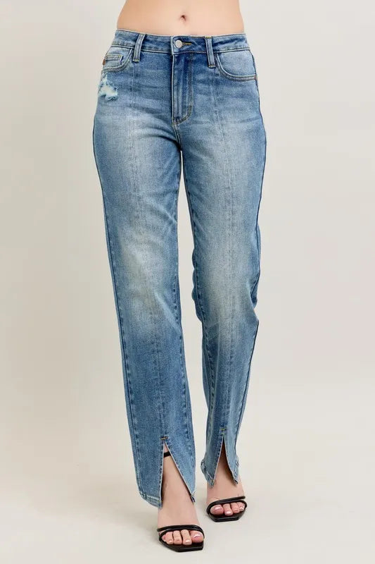 Full Size High Waist Vintage Wash Front Seam & Slit Straight Plus Size