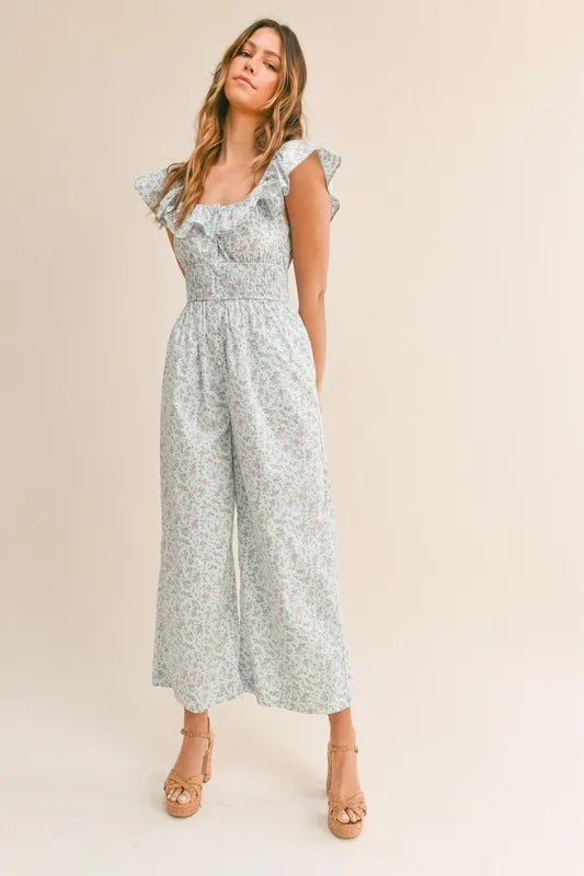 Floral Print Ruffled Cap Sleeve Jumpsuit