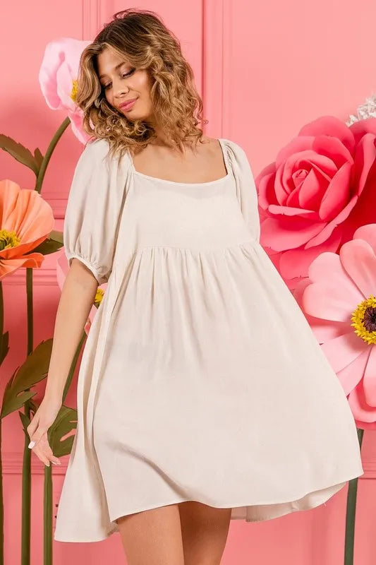 Washed Linen Tiered Midi Dress with Puff Sleeves