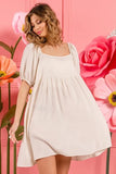 Washed Linen Tiered Midi Dress with Puff Sleeves