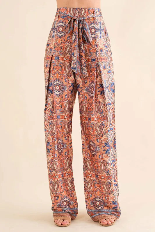 Satin Paisley Pattern Waist Ribbon Pants
