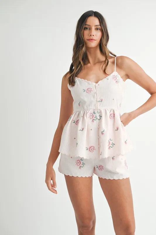 Stripe Embroidered Peplum Cami and Shorts Set