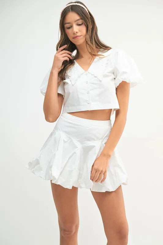 Puff Sleeve Button Down Top and Bubble Skirt Set