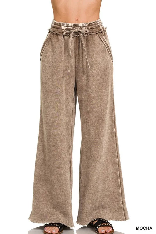 Acid Wash Fleece Palazzo Sweatpants with Pockets