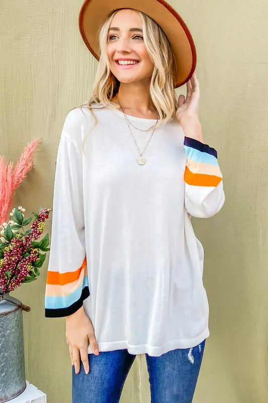 Color Stripe Sleeve Sweater Top