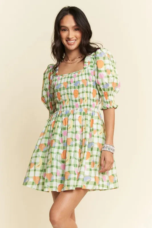 Fruits Printed Smocking Mini Dress