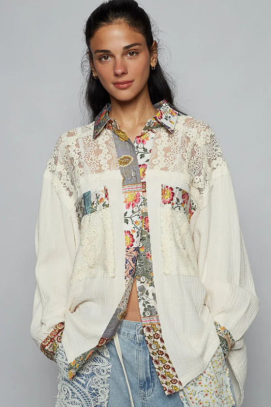 Bohemian Patchwork Lace Detail Long Sleeve Blouse