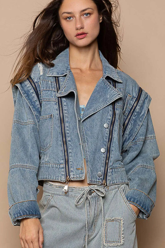 Oversized Cropped Jacket with Edgy Zipper Accents