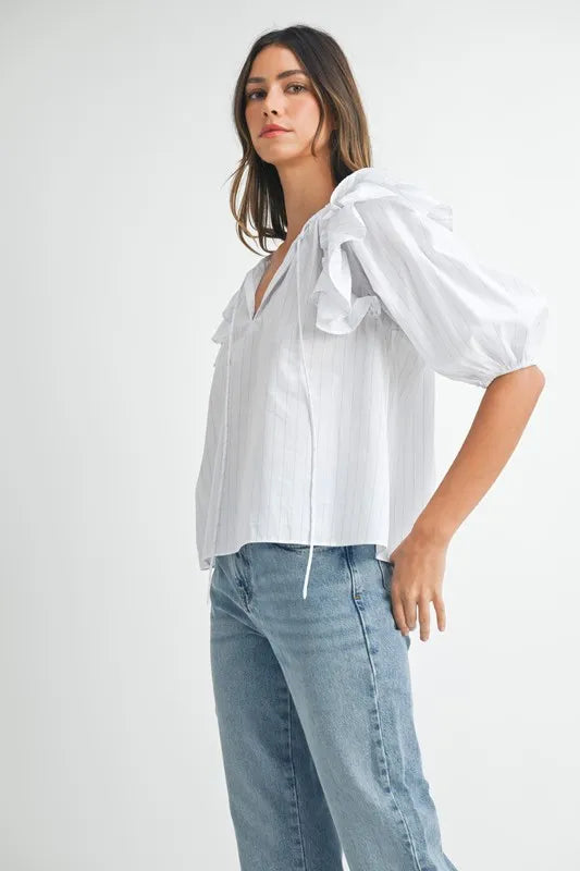 Stripe Ruffle Shoulder Puff Sleeve Blouse