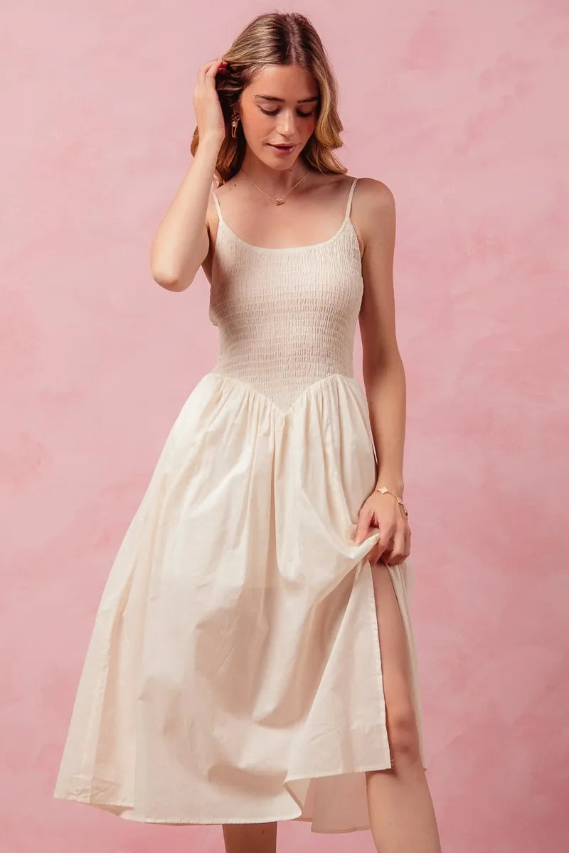 Elastic Smocked Midi Dress with Front Slit