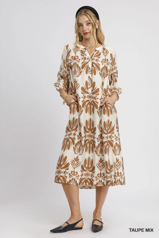 Artistic Abstract Floral Pattern Midi Dress