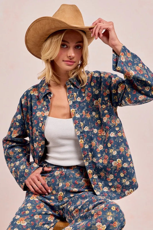 Vintage-Inspired Floral Pattern Denim Jacket