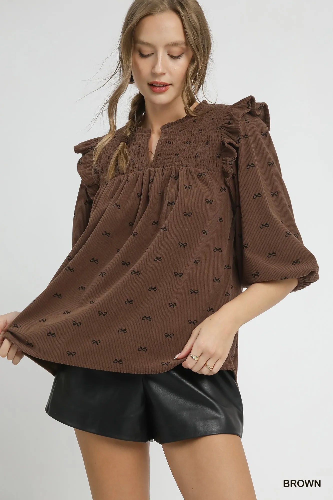 Corduroy Bow Print Blouse with Ruffled Puff Sleeves