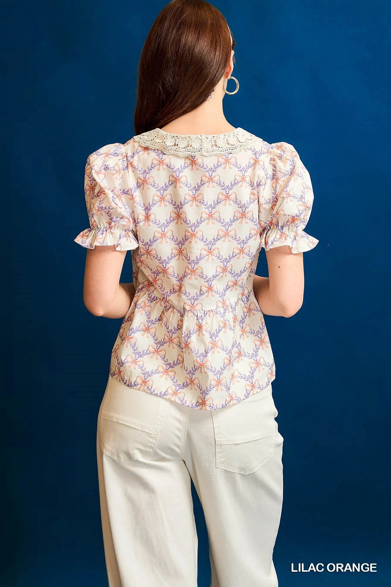 Bow Tie V-Neck Floral Puff Sleeve Blouse