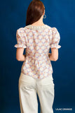 Bow Tie V-Neck Floral Puff Sleeve Blouse