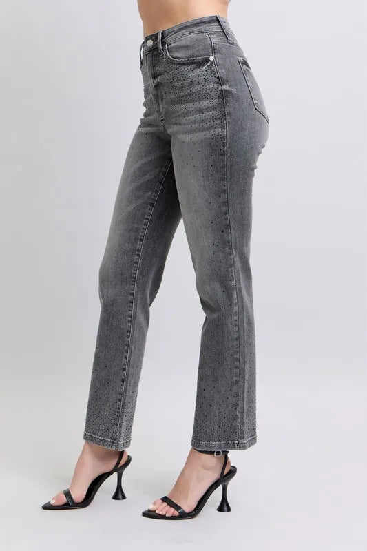 Full Size High Waist Rhinestone Straight Jeans Plus Size