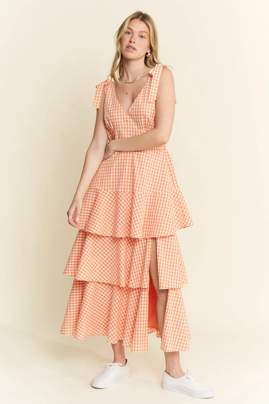 Sleeveless Gingham Print Tiered Midi Dress