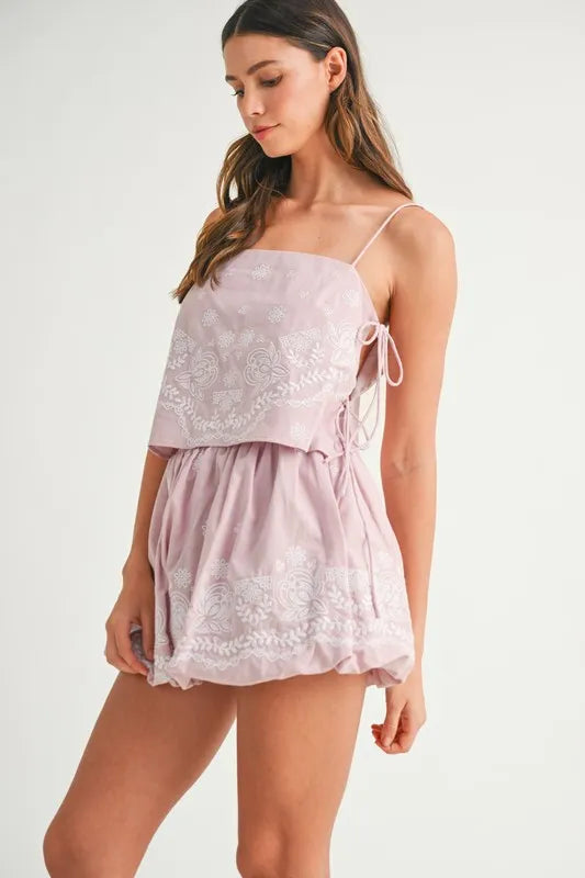 Embroidered Crop Cami and Balloon Mini Skirt Set