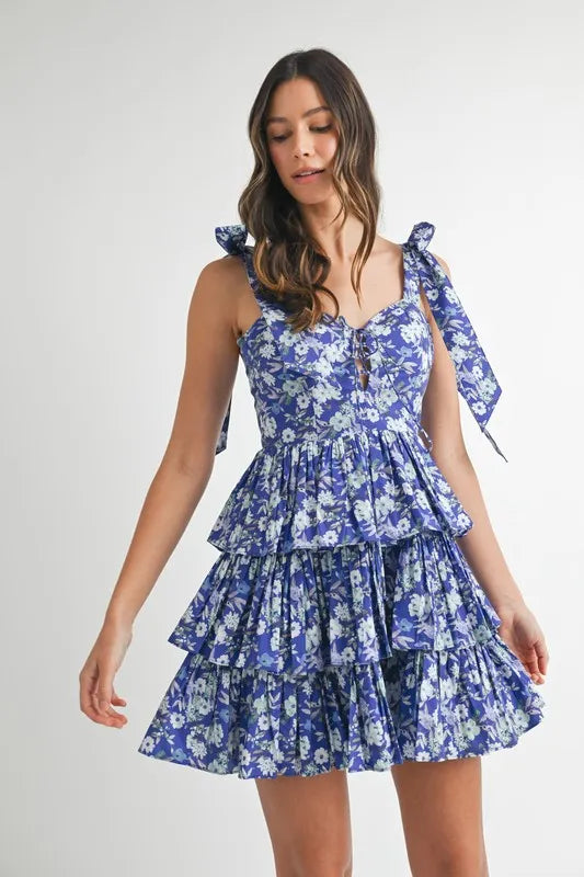 Floral Print Shoulder Tie Layered Mini Dress