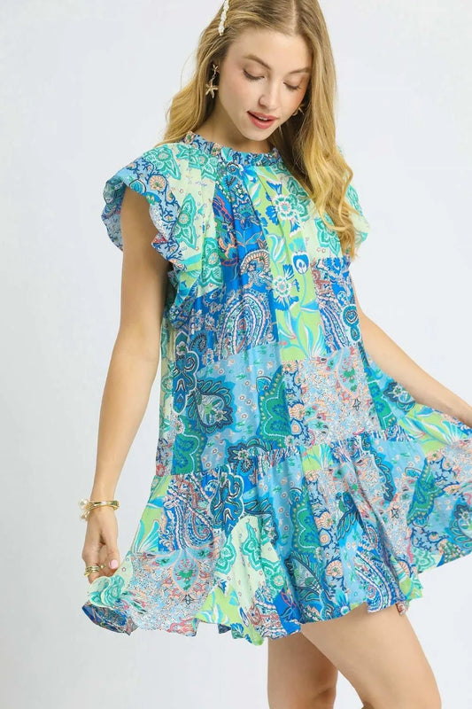 Paisley Ruffle Sleeve Boho Mini Dress