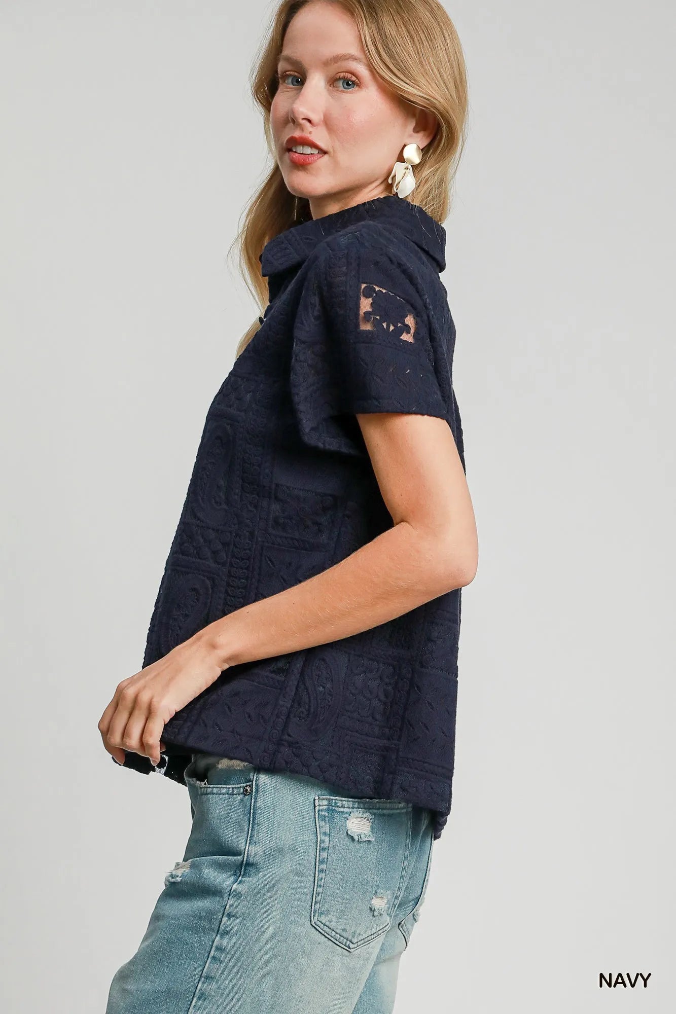 Lace Patch Feminine Short Sleeve Button Down Shirt