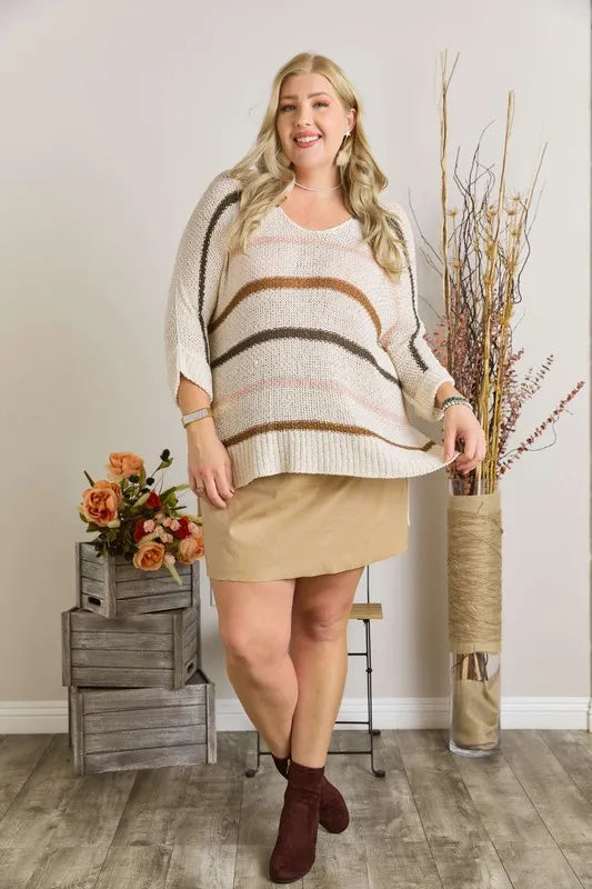 Full Size Multi Color Strip Sweater Plus Size