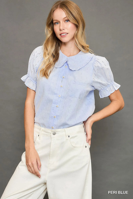 Vintage-Inspired Peter Pan Collar Ruffled Button-Up Shirt