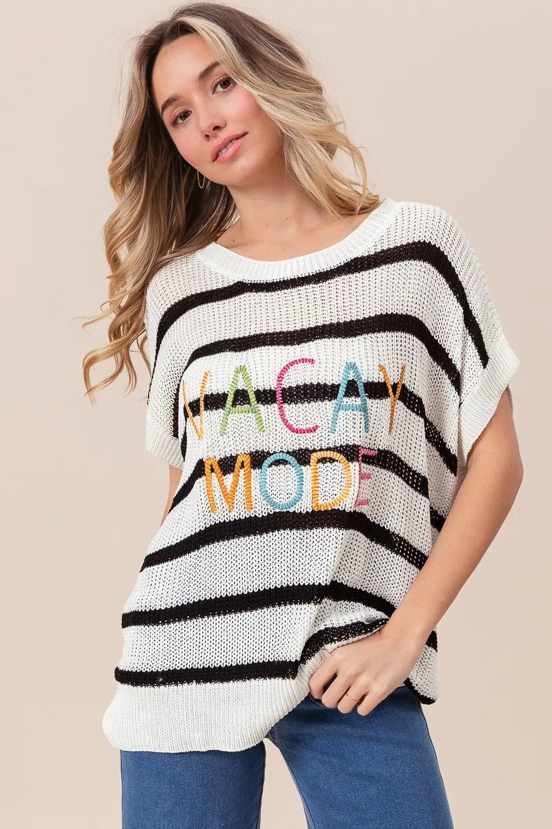 Vacay Mode Lettering Drop Shoulder Striped Sweater