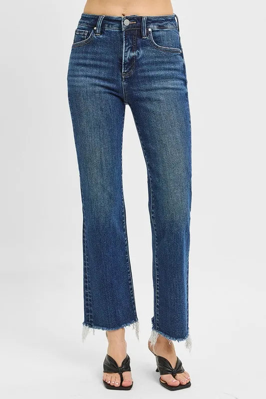 Tummy Control High Rise Crop Straight Raw Cut Hem Jeans