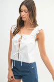 Poplin Ruffle Strap Front Self Tie Top