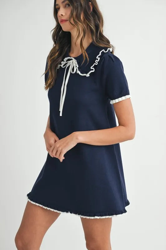 Ruffle Trimmed Collar Fine Knit Mini Dress