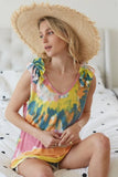 Circular Tie Dye Knit V Neck Top With Ruffle