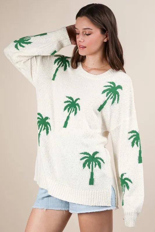 Palm Tree Graphic Oversized Knit Sweater