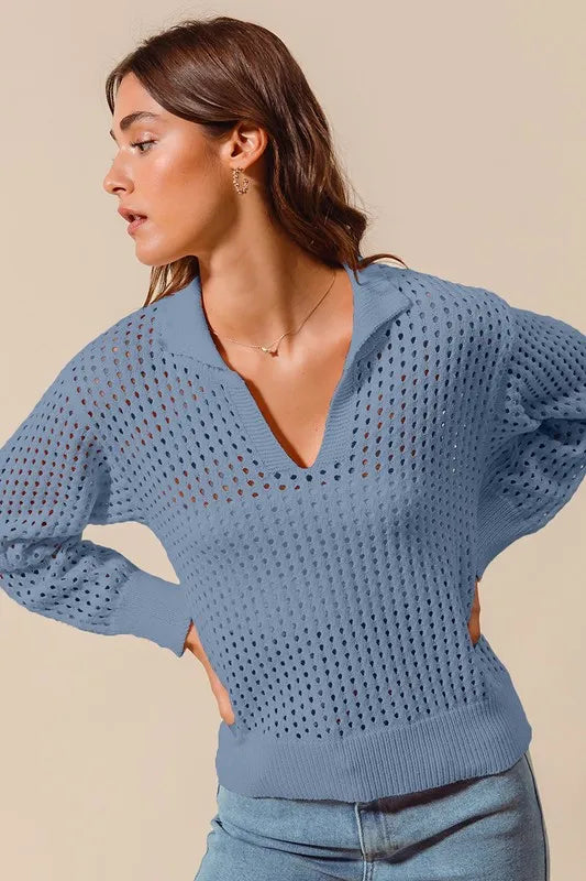 Open Knit Polo Sweater Top